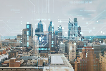 Aerial panorama city view of Philadelphia financial downtown at day time, Pennsylvania, USA. Glowing Padlock hologram. The concept of cyber security to protect companies confidential information - obrazy, fototapety, plakaty