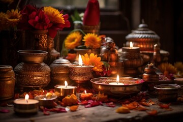 Naklejka na ściany i meble Diwali Puja Serenity Illuminating Traditions Created with Generative AI