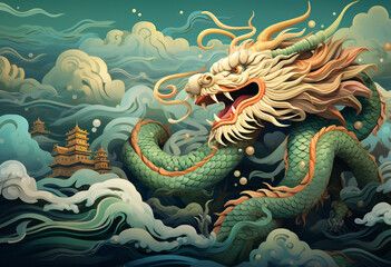 Mystical Asian Dragon Soaring through Golden Clouds, Celebrating 2024 Chinese New Year