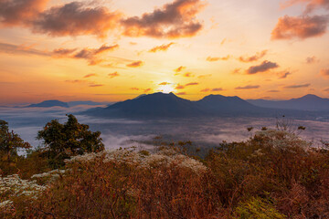 Mountain landscape and fog in the morning,Aerial view of foggy valley in the morning amidst mountains