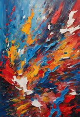 painting of a colorful feather on a blue background, brushstrokes oil painting, colorful explosion,...