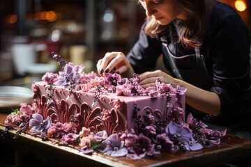 A baker's steady hand applies the finishing touches to a cake with precision, adding intricate lace patterns to the fondant icing. - obrazy, fototapety, plakaty
