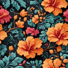 Fototapeten Hibiscus Flowers Colorful Blossoms Seamless Pattern Colorful Digital Background Floral Design - ai generated © amonallday