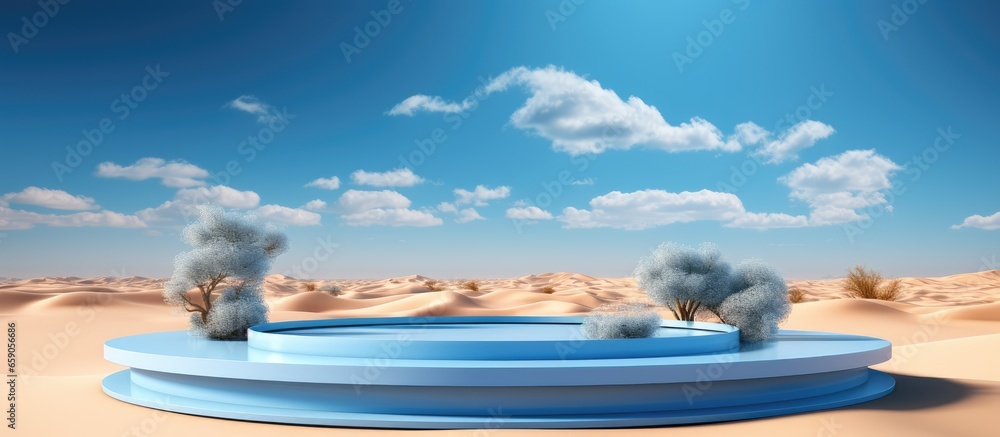 Poster realistic podium and building in the desert with a blue sky backdrop advertisement display and illus