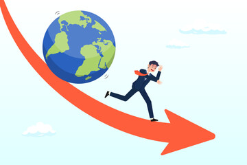 Frustrated businessman investor run away from falling down earth, world economic recession, global financial crisis or international stock market crash, investment asset fall down, decline (Vector)
