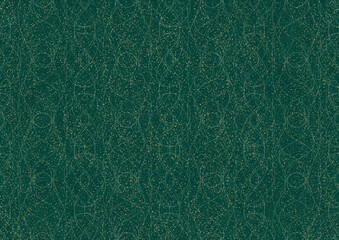 Hand-drawn unique abstract seamless ornament. Light green on a darker cold green background, with splatters of golden glitter. Paper texture. Digital artwork, A4. (pattern: p10-1c)