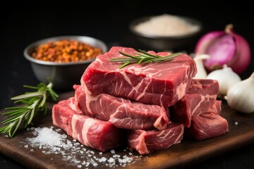 Raw beef slices seasoned with garlic, onion, salt, pepper, and rosemary - obrazy, fototapety, plakaty