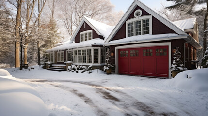 a cozy house with a garage in winter with lots of snow - obrazy, fototapety, plakaty