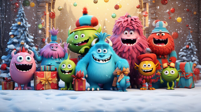 COLORFUL CHRISTMAS CARD WITH HAPPY, FUNNY, CARTOON MONSTERS, legal AI
