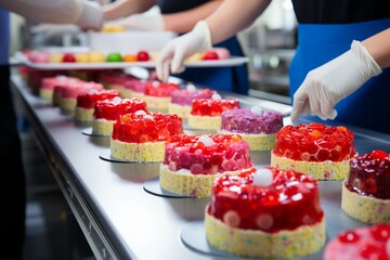 Sweet assembly line Cakes undergo intricate decoration on the confectionery factory conveyor