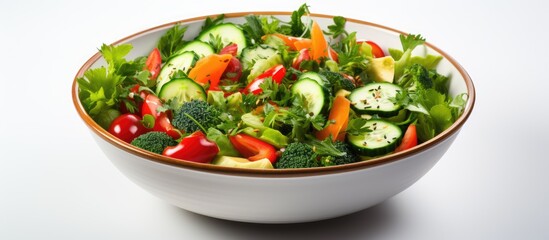 Top view of a vegetable salad in a bowl on a white background