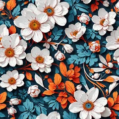 Fotobehang White Orange Flowers Blossoms Art Seamless Pattern Colorful Digital Background Floral Design - ai generated © amonallday