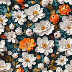 White Orange Flowers Blossoms Art Seamless Pattern Colorful Digital Background Floral Design - ai generated