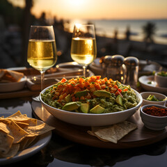Guacamole against the background of the beautiful Mexican coast at sunset on the restaurant terrace