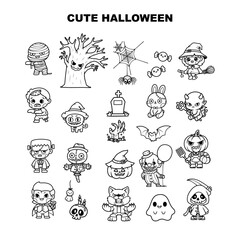 Set of cute Halloween Element line clipart, bundle of Halloween cartoon, isolated vector illustration, adorable mascot character
