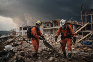 Male rescuers wearing orange uniforms and helmets dismantle the rubble, looking for survivors after the earthquake. Emergency, natural disaster concepts.