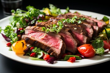 Up close view Tender flank steak nestled within a colorful vegetable salad