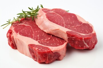 Uncooked beef steaks, starkly contrasting on a white background for isolation - obrazy, fototapety, plakaty