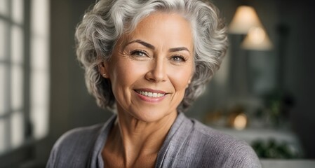 The most beautiful female model in her fifties with gray hair, laughing and smiling, is captured in...