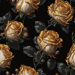 Golden Black Roses Watercolor Painting Seamless Pattern Colorful Digital Background Floral Design - ai generated