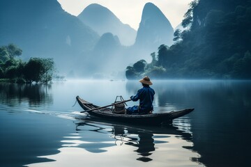 asian man rowing his boat on a lake