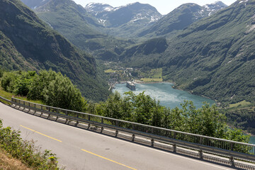 Geirangerfjord with cruise ship, view from eagle curve. Norway