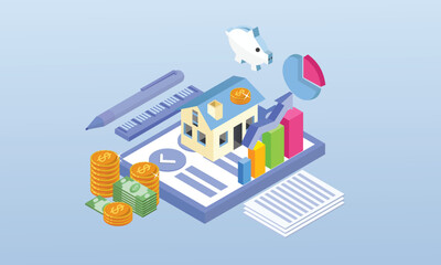 Obraz premium Real Estate Agent. House Loan, Rent and Mortgage Concept.on blue background.3D design.isometric vector design Illustration.