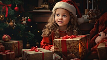 Little girl opening Christmas presents wearing a Santa hat