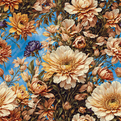 Vintage Flower Bouquet Old Painting Seamless Pattern Colorful Digital Background Floral Design - ai generated