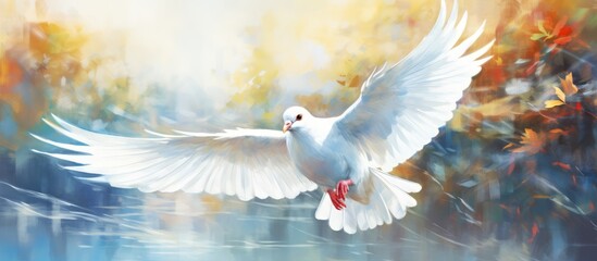 Watercolor style painting of a white dove with freedom and peace symbolism offering Ukraine prayers and advocating against war - obrazy, fototapety, plakaty