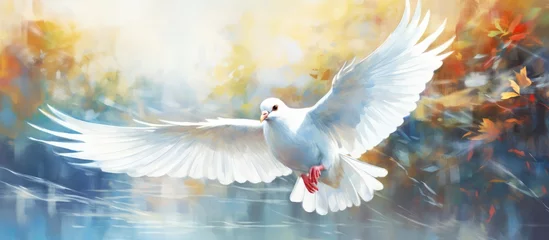 Fotobehang Watercolor style painting of a white dove with freedom and peace symbolism offering Ukraine prayers and advocating against war © AkuAku