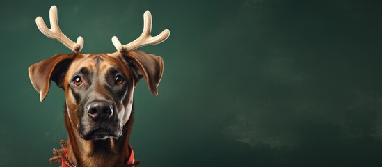 Christmas and New Year theme with a dog in reindeer antlers on plain green background