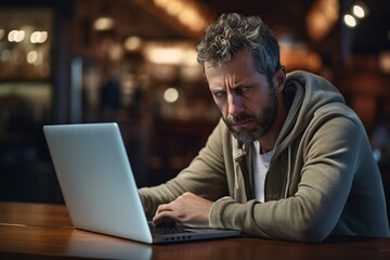 stressed coffee shop owner looking at laptop screen
