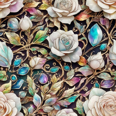 Jewelry Crystal Roses Flowers Painting Seamless Pattern Colorful Digital Background Floral Design - ai generated