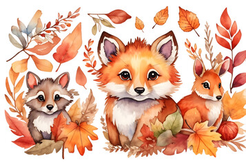 set of watercolor cute animal and autumn leaves sticker on transparent background
