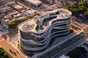 Aerial wide angle of beautiful contemporary curve and modern architecture building using generative AI