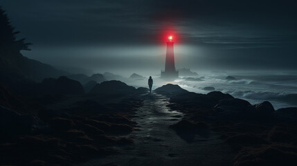 Fantasy landscape with a lighthouse on the coast in the foggy night. 3d rendering. Conceptual illustration.
 - obrazy, fototapety, plakaty