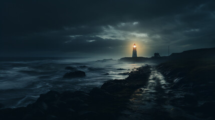 Fantasy landscape with a lighthouse on the coast in the foggy night. 3d rendering. Conceptual illustration.
