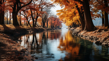 A tranquil riverside view with fallen leaves adorning the water's edge, creating a serene reflection of autumn's splendor