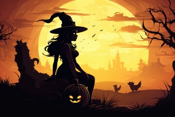 Enchanting Twilight: Witch's Silhouette and Haunted Castle