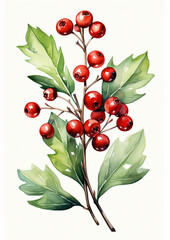Festive Watercolor Christmas Twig with Green Foliage and Red Berries - Holiday Design Illustration