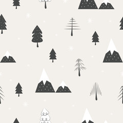 Seamless pattern with forest, snowflake and mountain. Winter background. Vector illustration, for print, textile, poster, wallpaper, car, wrapping paper