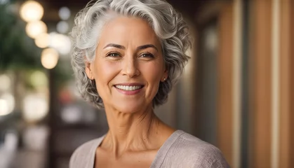 Beautiful gorgeous 50s mid age beautiful elderly senior model woman with grey hair laughing and smiling. Mature old lady close up portrait. Healthy face skin care beauty, skincare cosmetics