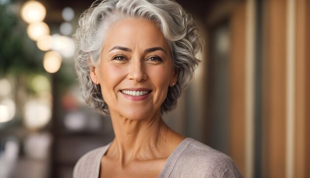 Beautiful gorgeous 50s mid age beautiful
elderly senior model woman with grey hair
laughing and smiling. Mature old lady close
up portrait. Healthy face skin care beauty,
skincare cosmetics