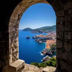 Pondering Histories from Dubrovnik Walls  Overlooking Fort Lovrijenac, The Enduring Guardian Overlooking the Historic City's West Harbour - obrazy, fototapety, plakaty