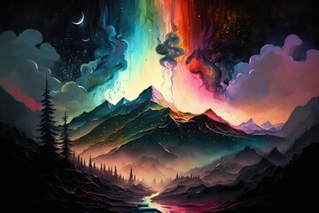 Magical colorful image of mountain with stars above
