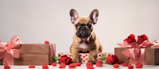 Valentine s Day gift box in red heart shape with roses contains cute Fawn French Bulldog puppy on white background