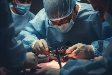 The surgeon carefully wielded the scalpel during the delicate heart surgery - obrazy, fototapety, plakaty