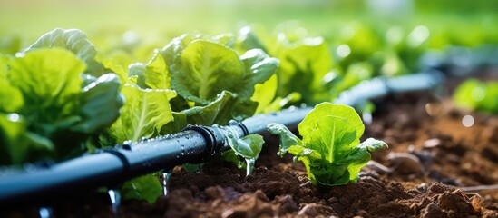 Close up of a water efficient drip irrigation system in an organic salad garden - obrazy, fototapety, plakaty