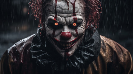 A terrifying photograph of a clown in the obscurity.